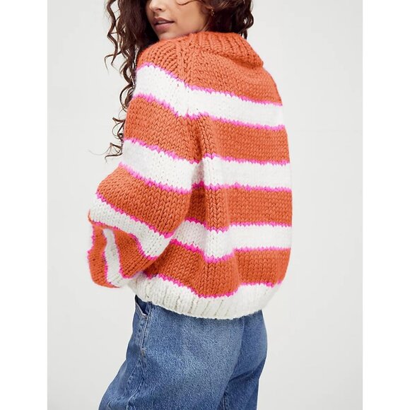 Women's Stripe Pullover Sweater Turtleneck Ribbed Top Chunky Knitwear Orange - Picture 3 of 4